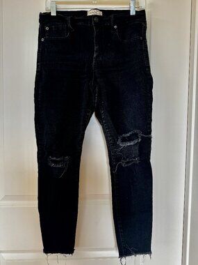 Gap 1969 True Skinny Distressed Black Jeans | Raw Hem Knee Rip Edgy Grunge